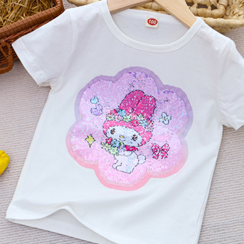 DISNEY Kids designer clothes children's summer clothes women's short-sleeved T-shirt cartoon color-changing sequin cotton base casual top.