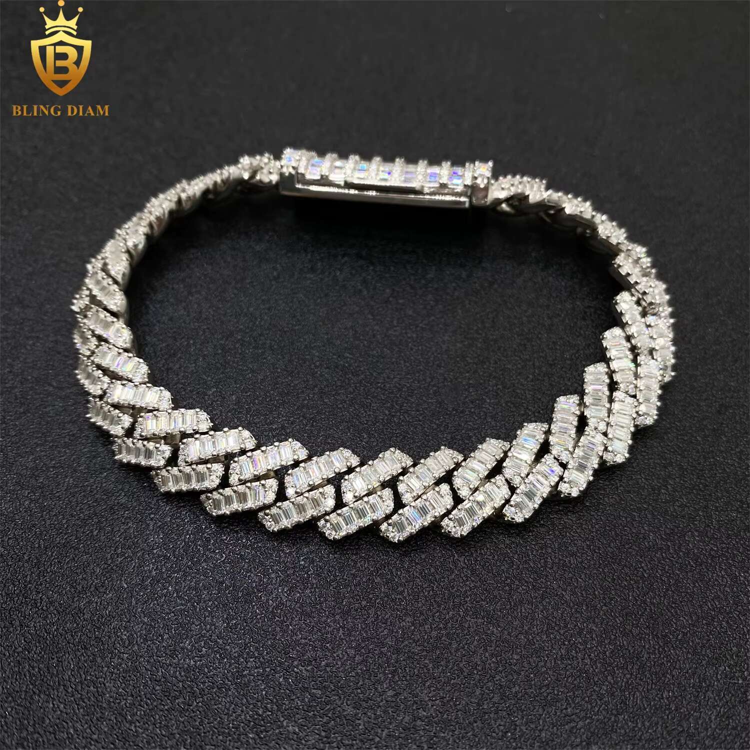 12mm Hip Hop Jewelry Sterling Sier Iced Out Moissanite Rectangular Bracelet Cuban Link Chain Pass Dia Tester