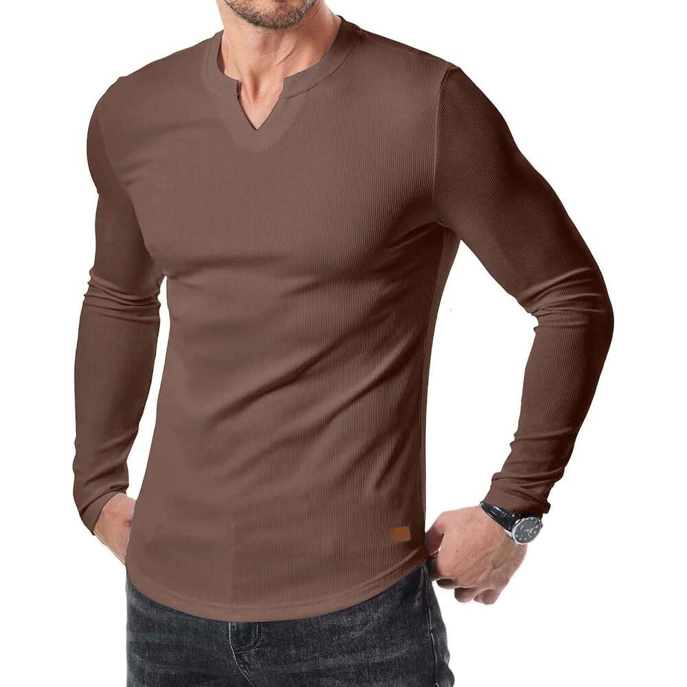 DHessentials Shewin 2025 sleeved muscle casual V-neck long ribbed men's t-shirt