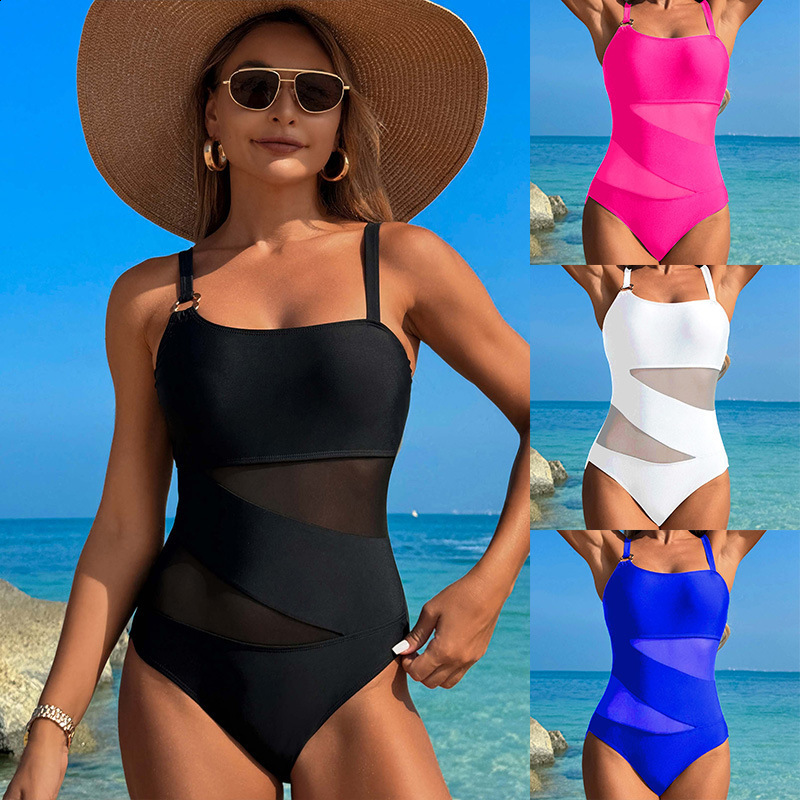 Andzhelika Sexy One Shoulder Piece Swimsuit Off Mesh Patchwork Swimwear Bodysuit Bathing Suit Monokini 210611