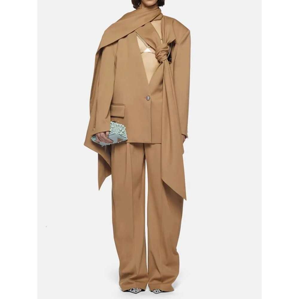 Eshin Two Piece Set For Women's 2024 Autumn Winter New Scarf Cut Silhouette Suit Coat High Waist Casual Pants Sets Th5196