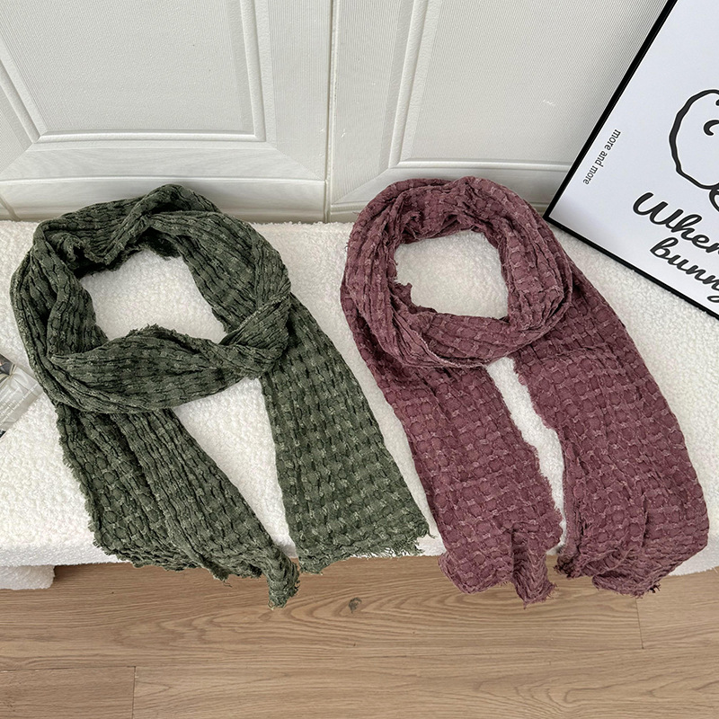 K486 Cotton and linen scarf for women new summer solid color retro rough fur edge sunscreen breathable multi-purpose silk scarf neck protection neck s