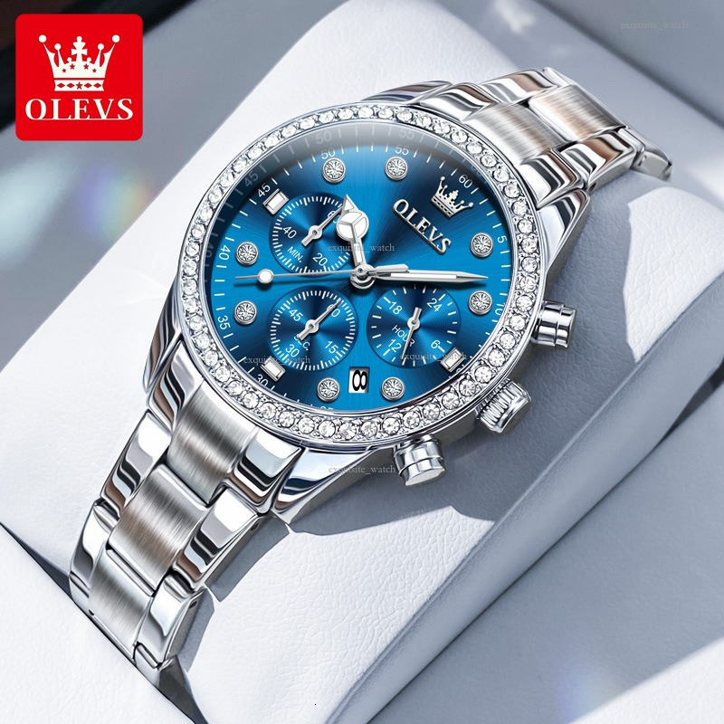 OLEVS Brand Designer Men's Diamond-encrusted Three-eye Fashion Trend In University-style Quartz Women's Watches Luxury Watches Free Delivery