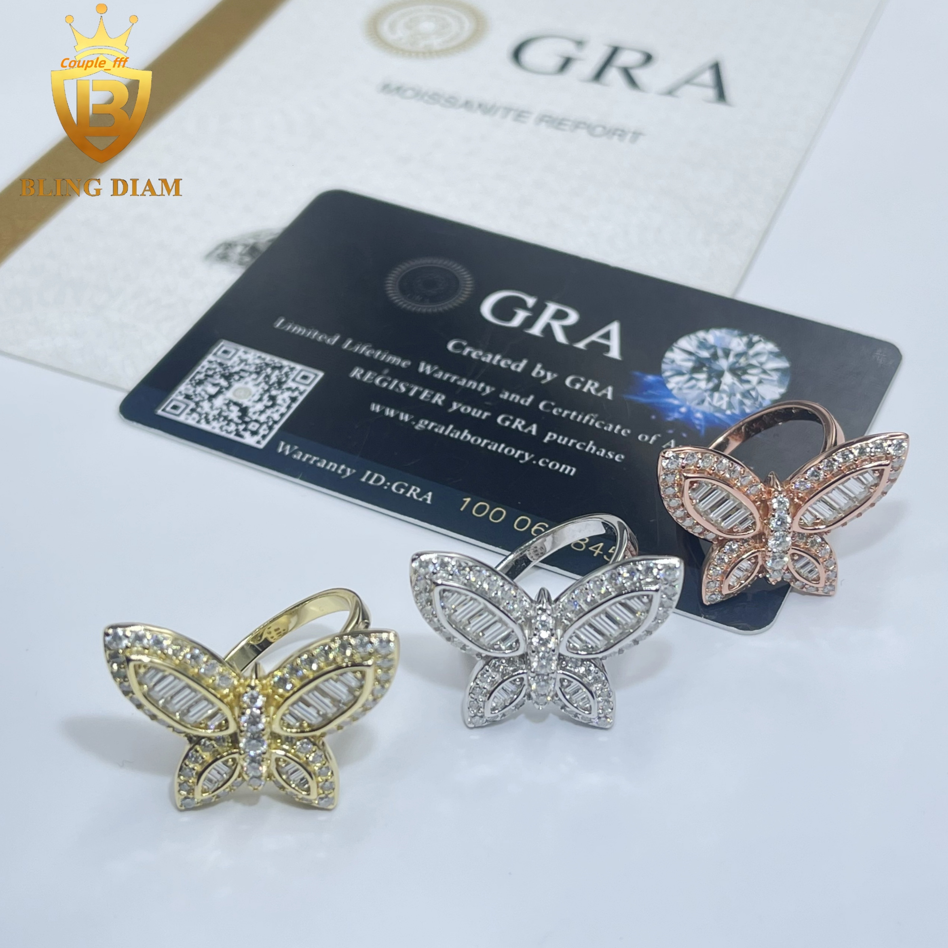 Fashion Jewelry VVS Moissanite Butterfly Rings Gift Female Luxury Elegant Style Mens 925 Solid Silver