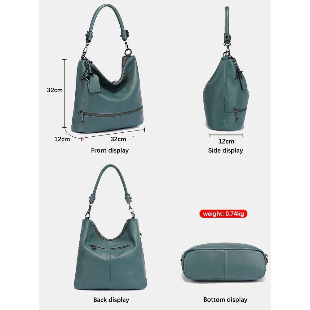 Zency Women Casual Genuine Leather Tote Handbag Shopper Ladies Black Big Shoulder Bags Crossbody Multi Pocket With Long Strap Bag Bag