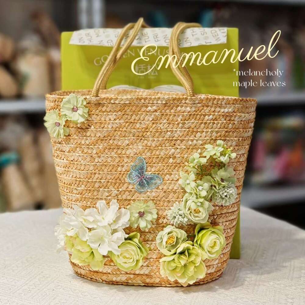 Ins Style Resort Beach Bag French Style Niche Wheat Straw Vegetable Basket One Shoulder Hand Held Large Capacity Grass Beach Vacation Woven Bag Summer