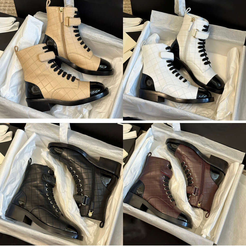 TOP Luxury Designer Shoes womens Ankle Boots Lace-up Gold Letters Strappy Combat Boots Lamb skin Women Motorcycle Boot Black Beige Winter Chan Short Knight Booties