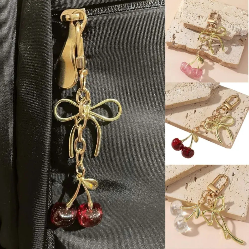 Cute Red Cherry Bag Pendant Bow Alloy Keychain Crystal Keyring Women R250423