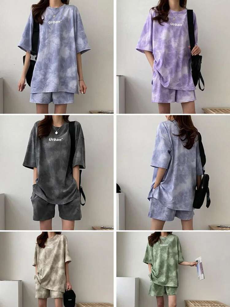 Women T-Shirt Suit Set Casual Tie Dye Loose Tshirt And Wide Leg Middle Shorts With Pockets Female Soft Summer Shorts Sets