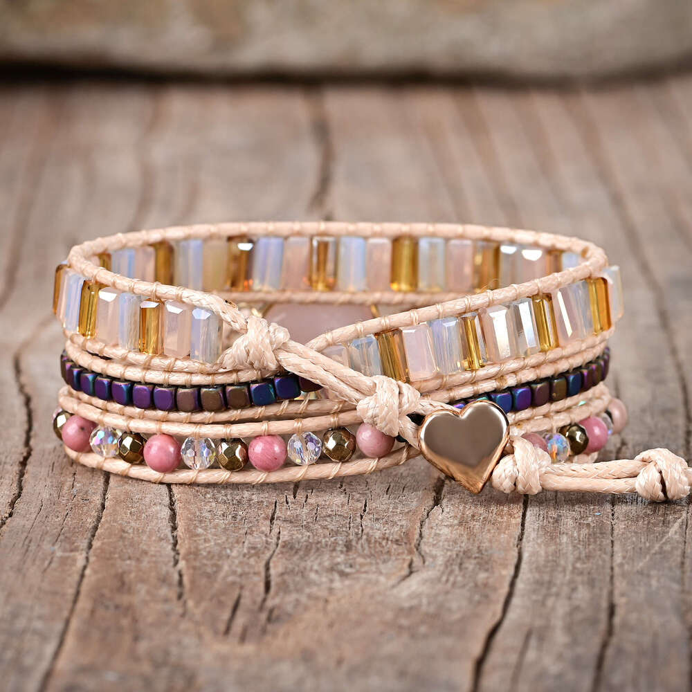 Hot selling droplet shaped powder crystal hand cowhide woven with three-layer winding bracelet