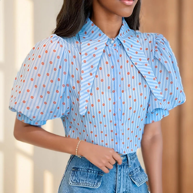 Fashion Summer Polka dot Print Elegant Shirts Loose Turn down Collar Short Puff Sleeve Blouses Vintage Casual Blue Tops 27484 250421