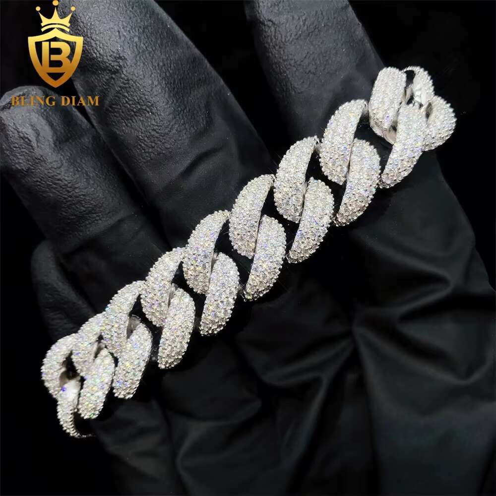 3 Row Iced Out Hip Hop 15mm Cuban Link Chain Bracelet Necklace Sterling Sier VVS Moissanite Pass Dia Tester