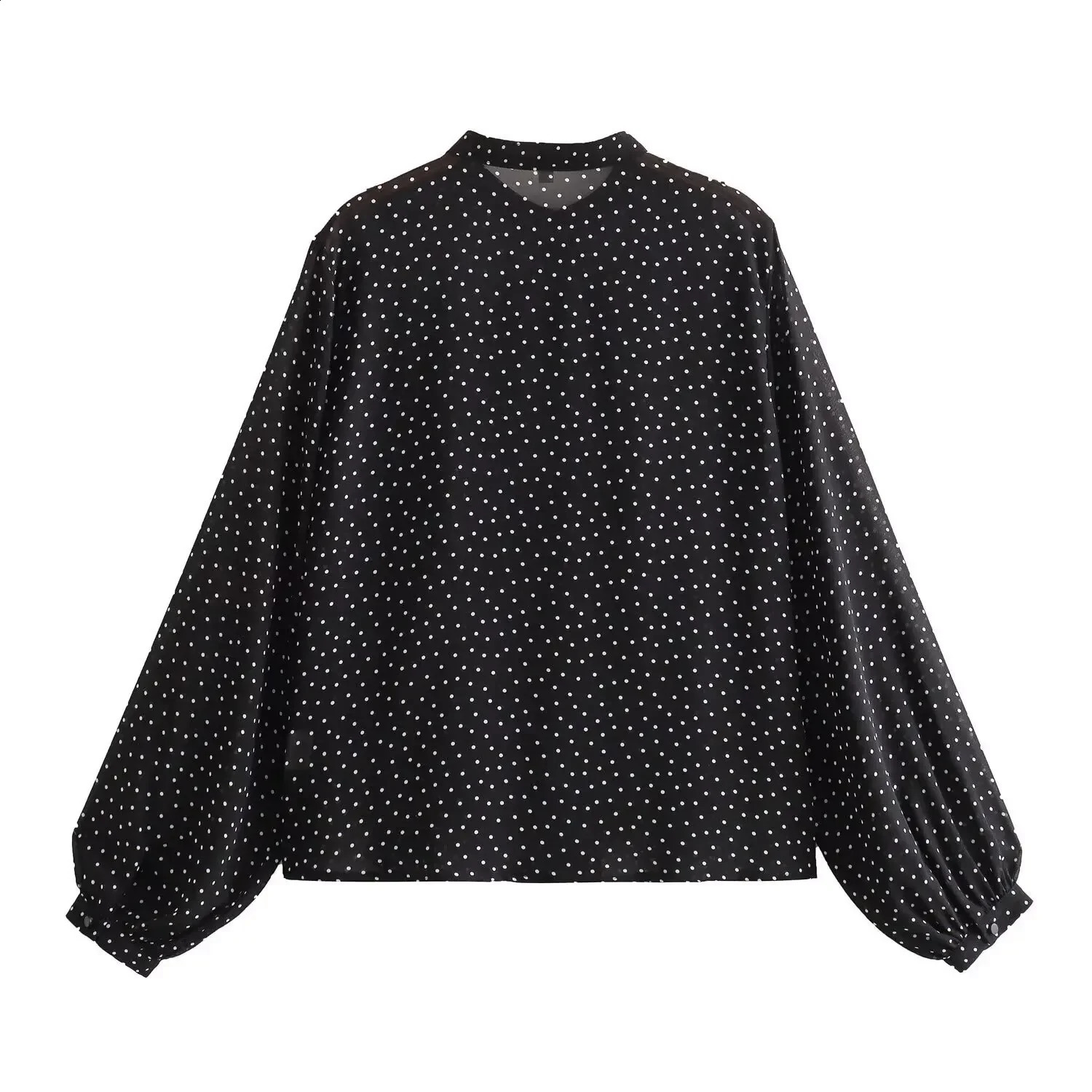ZBZA Womens Layered n Polka Dot Print Shirt Long Sleeve Stand Collar Single Breasted Top Spring and Summer Chic Shirt 250421