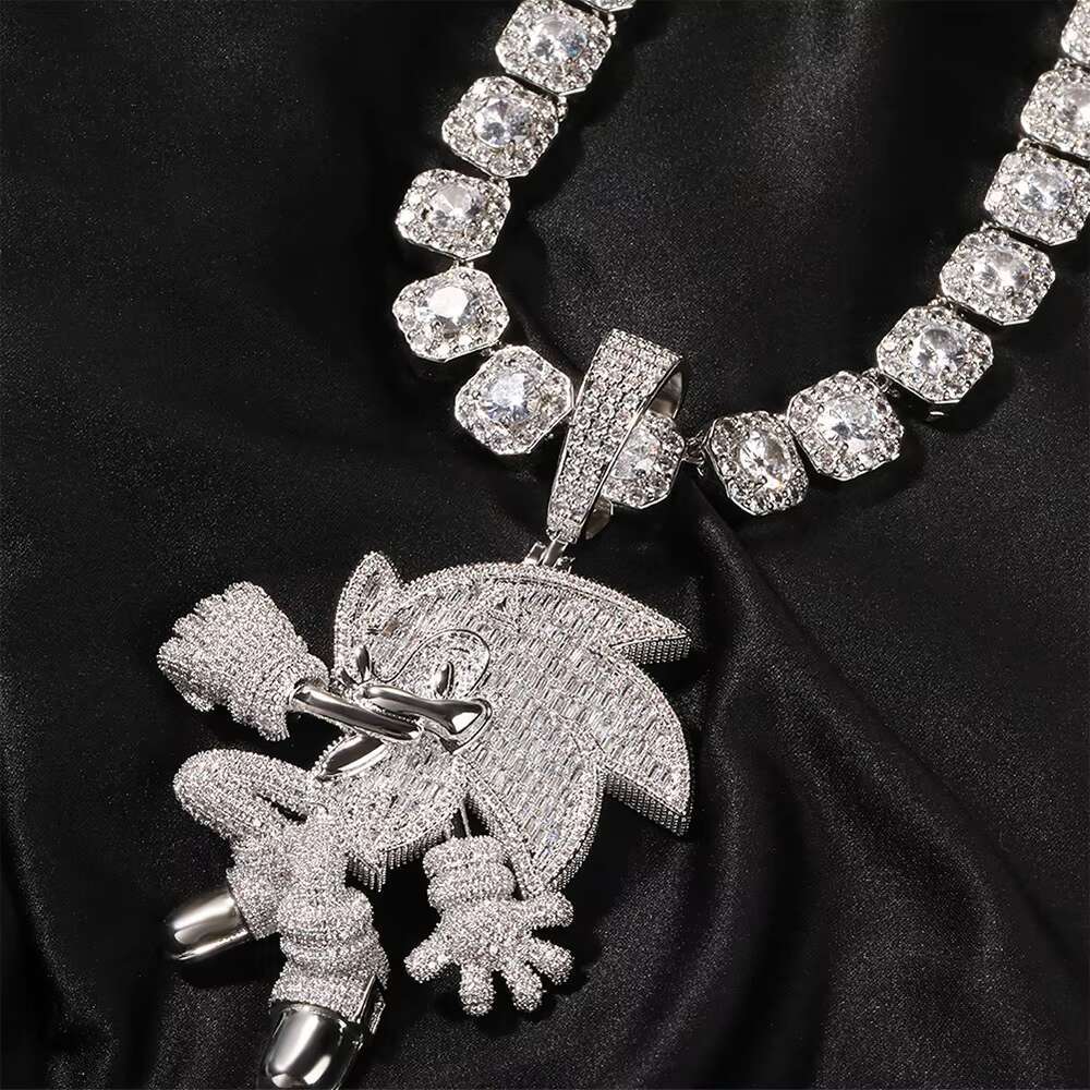 Lucky Wholesale Hip Hop Enamel 14k 18k Gold Plated Iced Out Baguette Diamond Blue Fast Sonic Pendant Necklace
