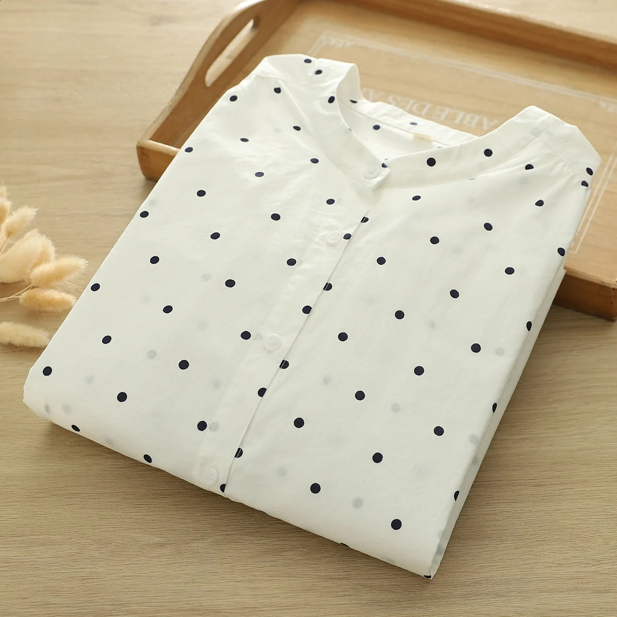 2025 Summer Cotton 3/4 Sleeve Shirt Women Stand Dot Print Hollow Out Mori French Retro Casual Loose Blouse T54417CC 250421