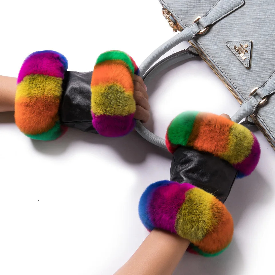 Women Winter Warmer Wrist Gloves Genuine Leather Rex Rabbit Fur Fingerless Driving Plaid Sheepskin Mittens gloves 251114