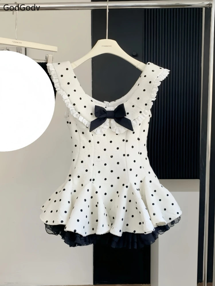 Summer Retro Elegant Woman Dress Y2k Polka Dot Bow Slim Sweet Mini Dress Female Korea Style Chic Sexy Party Outfits 250422