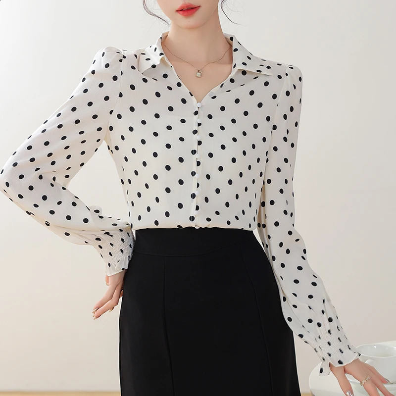 2025 Spring Casual Shirts Long Sleeve Turn Down Collar Fashion Women Shirt Dot Elegant Blouse Women Tops Camisas De Mujer N530 250421