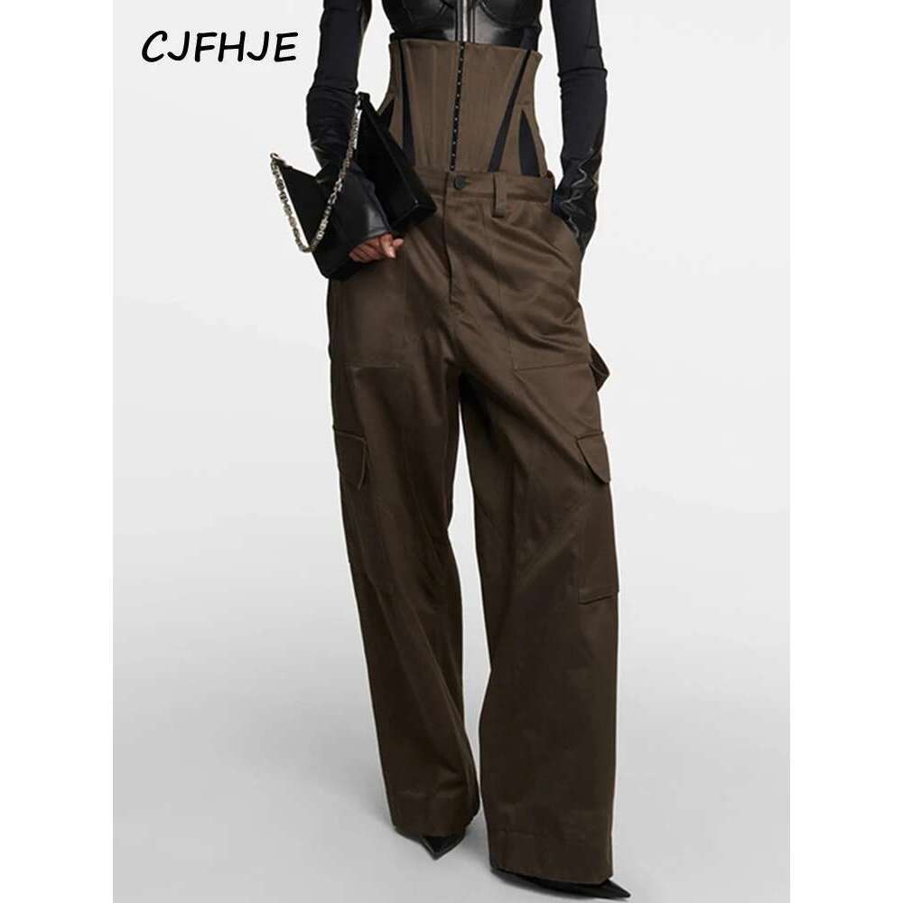 CJFHJE New Women Wide Leg Korean Fashion High Waist Two Piece Detachable Corset Boning Loose Fit Unisex Olive Cargo Pants