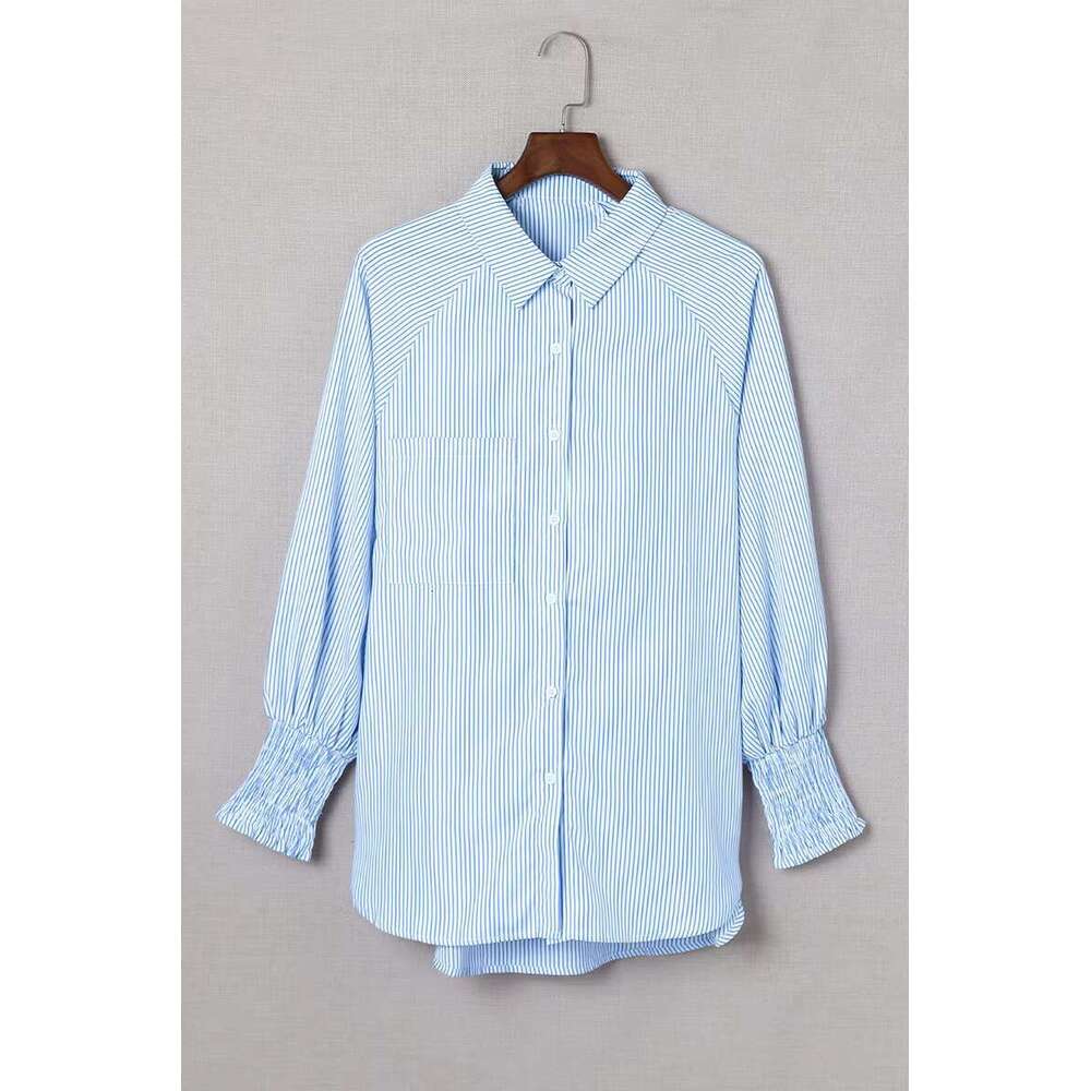 DHEssentials Women Blouse Bubble Long Sleeved Single Breasted Mid Length Shirt Cuffs Wrapped Around Striped Women's Blouses & Shirts