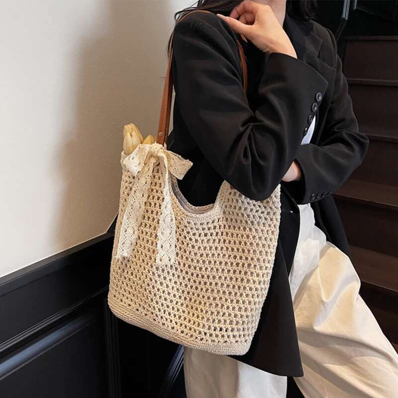 Lace Bow Knitted Shoulder Shopping for Women Vintage Cotton Cloth Girls Tote Shopper Large Female Handbag Crochet Bag ddmymoon
