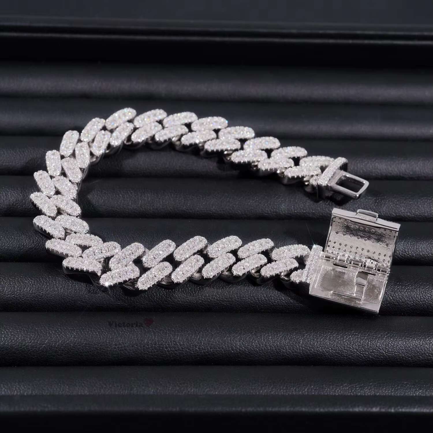Iced Out Jewelry 13MM 925 Sterling Silver GRA Certificate Diamond Moissanite Cuban Link Bracelet Three Rows