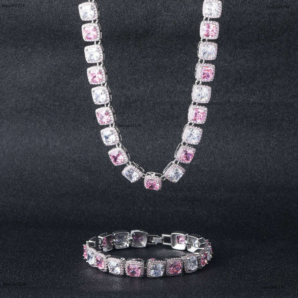 Designer Luxury 10mm square pink white rock sugar real gold plated ice VVS Moissanite collarbone chain Hip Hop necklace Free delivery