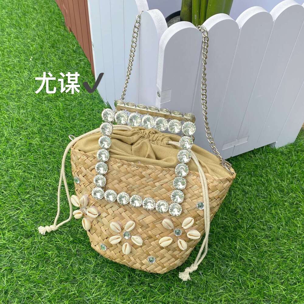 Ins Style Resort Beach Bag Vacation Beach Weaving Grass Woven Vegetable Basket Shining Diamond Love Flower Shell Water Bucket Hand Carrying Crossbody 