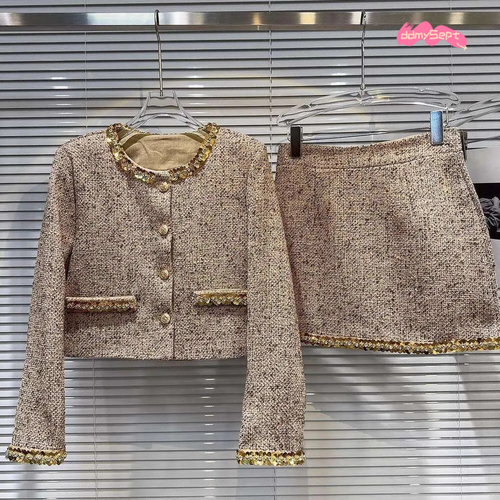 Sequin Street Style Tweed Chanel Outerwear Set for Women 2025 Autumn New High Waist Half Short Skirt ddmysept