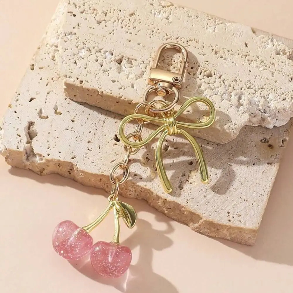 Cute Red Cherry Bag Pendant Bow Alloy Keychain Crystal Keyring Women R250423