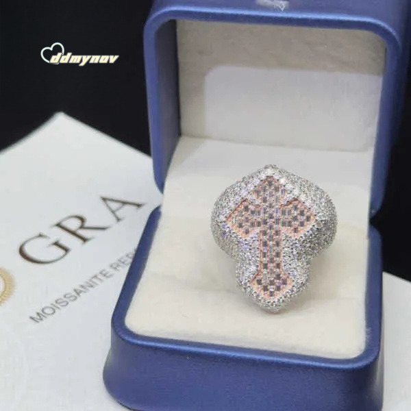 Custom Jewelry rose gold Plated Iced Out Vvs Baguette Moissanite for men Cross Hip Hop Ring ddmynov