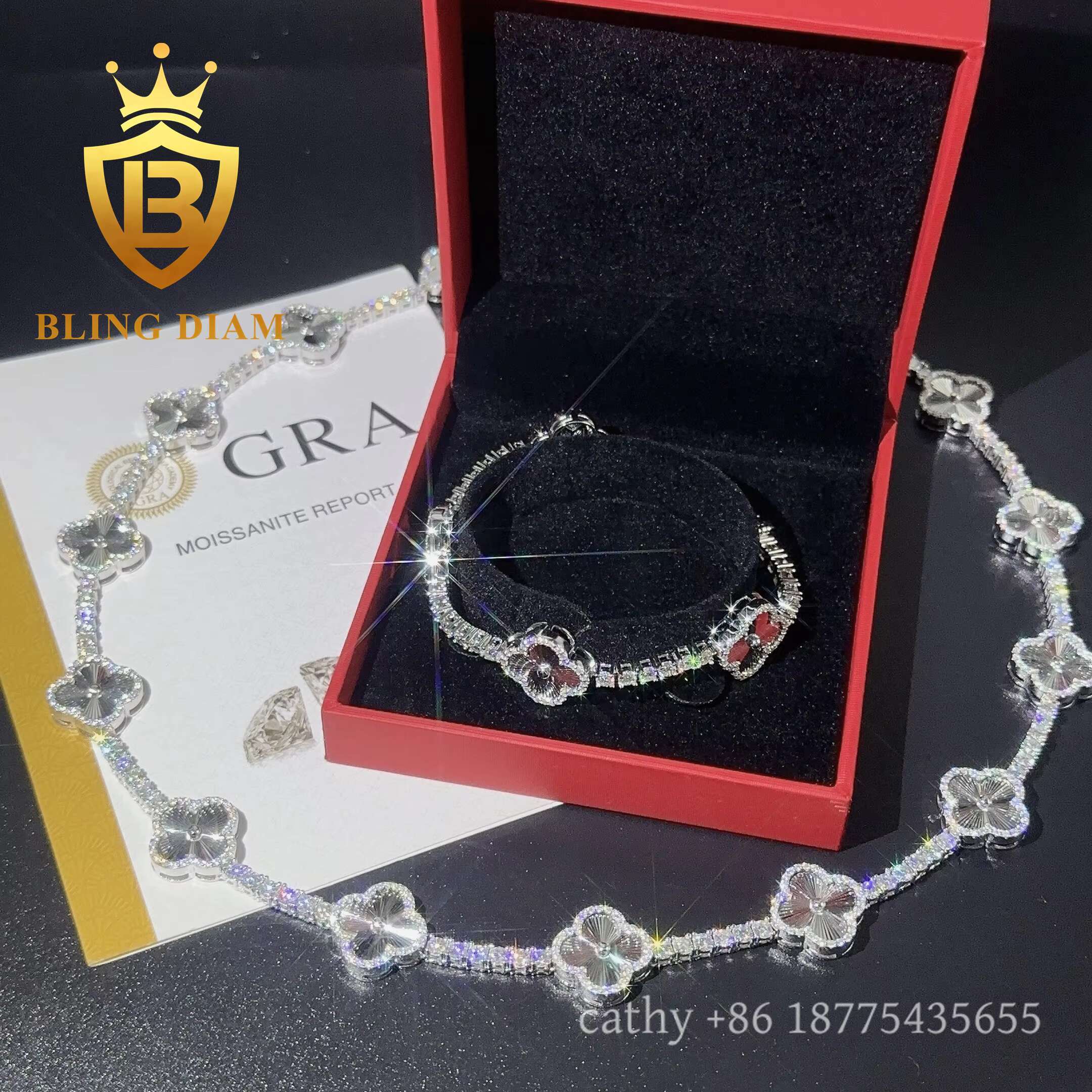 Fashion Iced Out Four Leaf Flower Moissanite Tennis Chain Bracelet 925 Sterling Silver 3mm Charm Moissanite Bracelet Pass test