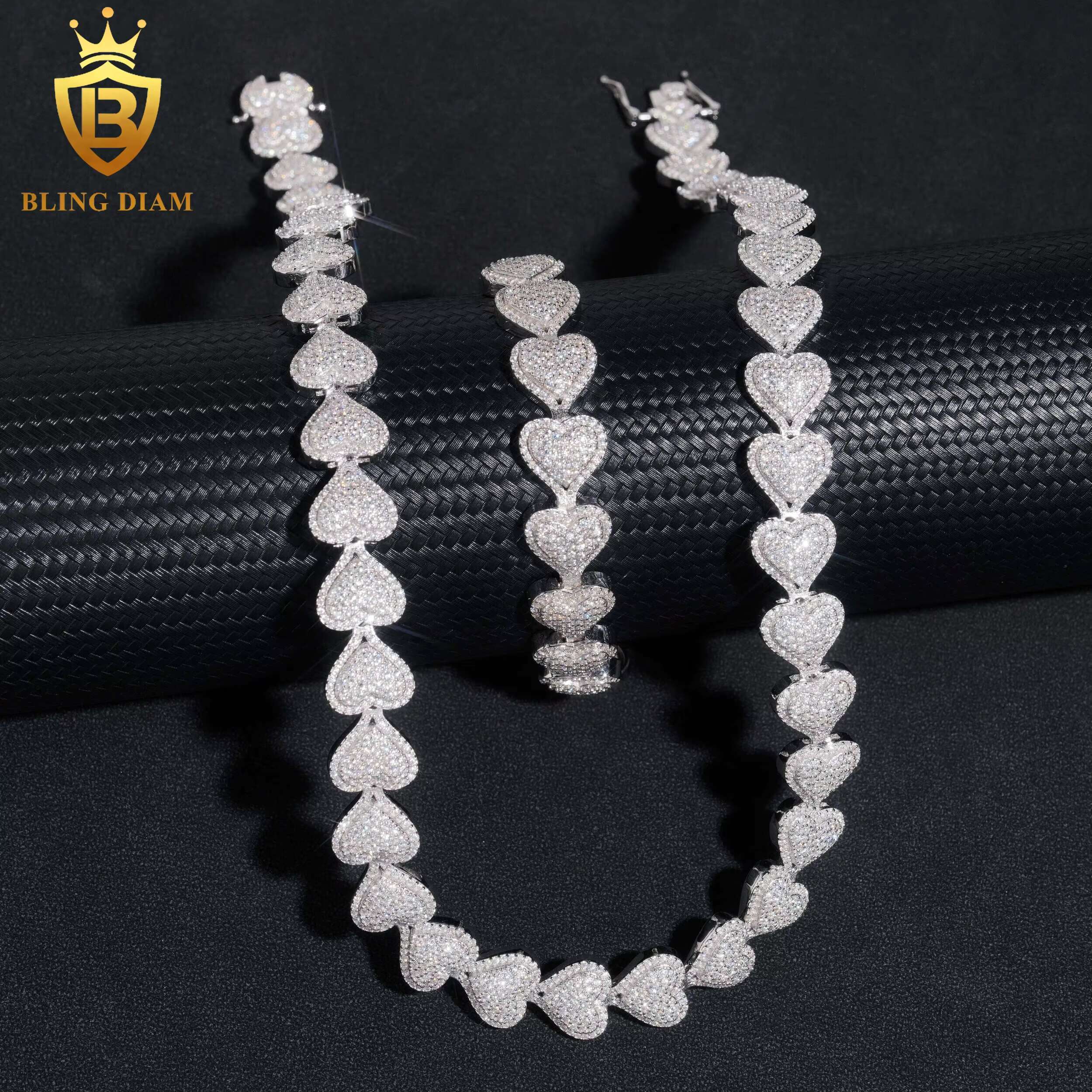 13mm New Fashion Jewelry Heart Shape 925 Silver Cuban Link Chain Cuban Moissanite Diamond Bracelet Necklace