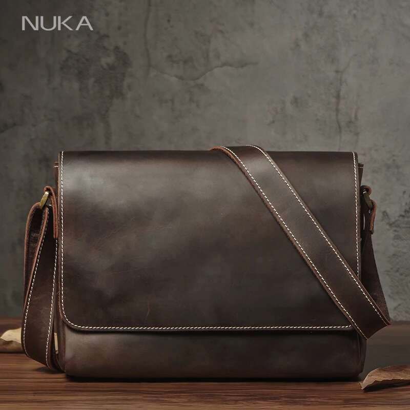 NUKA Men S Genuine Leather Shoulder Bag Retro Original Cowhide Horizontal Crossbody Deluxe Flap Messenger Bags For Inch Ipad Bag