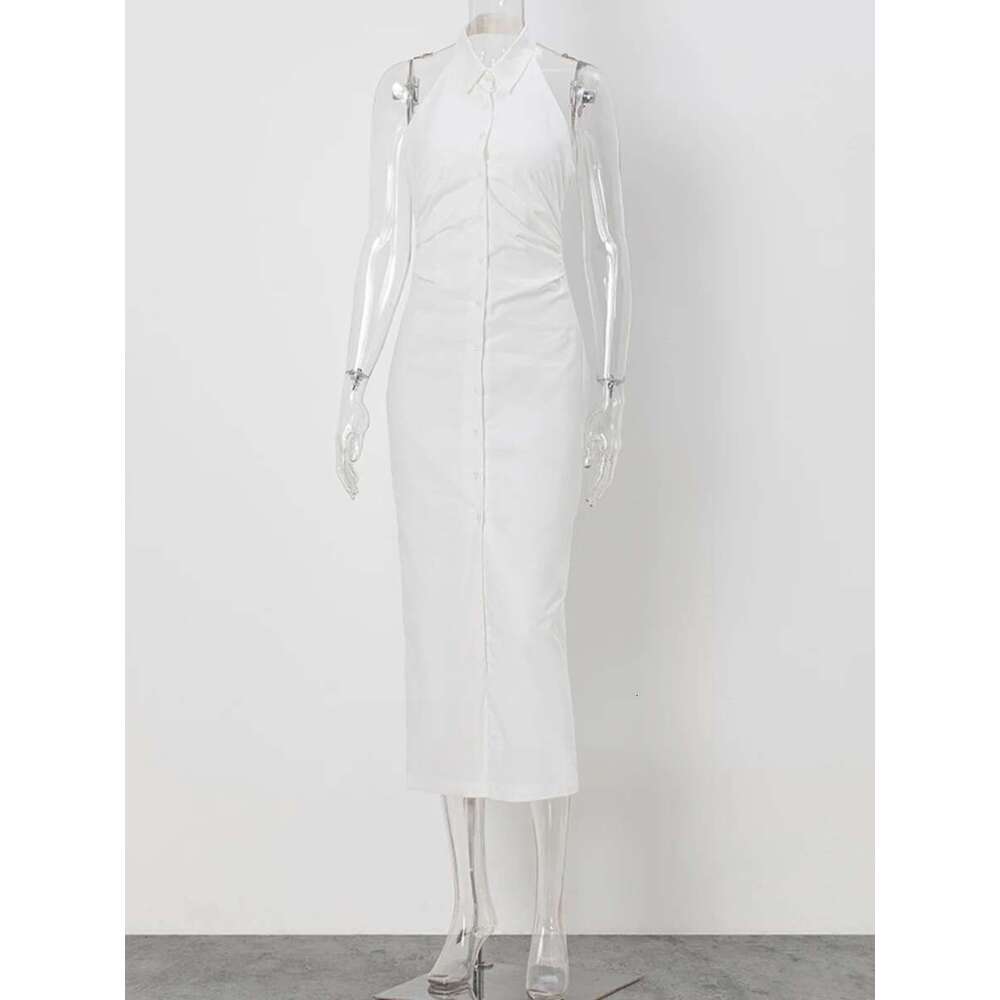 Designer Women's Clothing White Chic Slim Dresses Summer Single Sleeveless Midi Dress Elegant Fashion Vestidos Bag