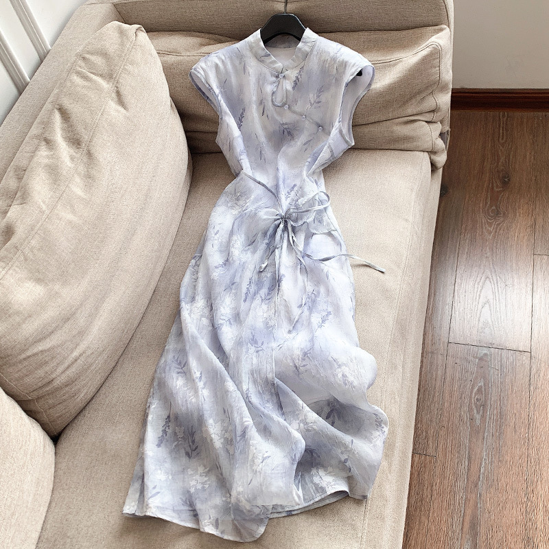 F69 Chinese style printed waist design long skirt Improved dress