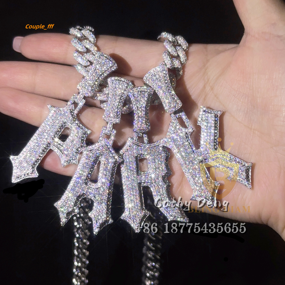 New Custom Moissanite Hip Hop Pendant Ice Out 925 Sterling Silver Charm Moissanite Letter Pendant for Necklace Chain