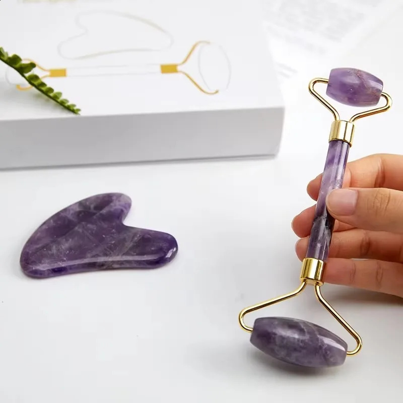 Cold Amethyst Eye Mask Natural Jade Roller Gua Sha Massager Gouache Scraper Set Eye Mask Face Skin Care Massage Tools 250418