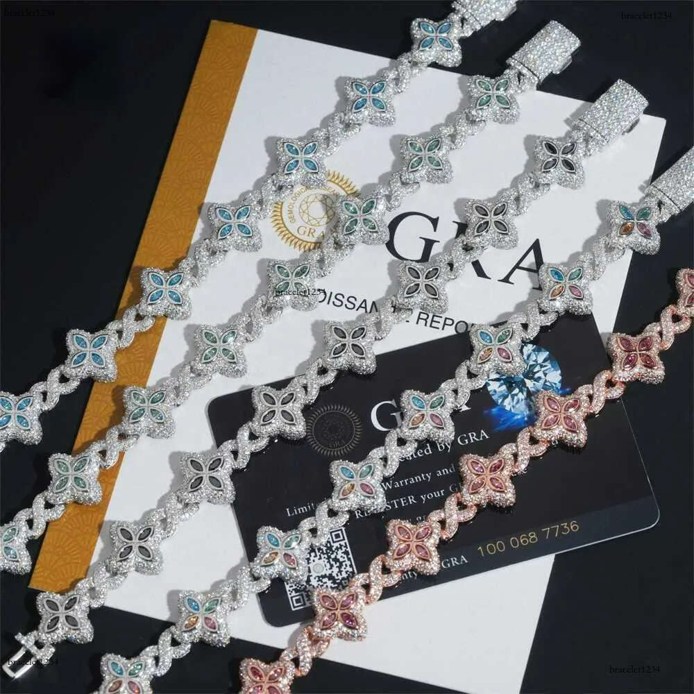 Hot Selg Colorful Hip Hop Iced Out Jewelry 15mm Sier Clover Cuban Moissanite Infinity k Bracelet for Men Free delivery