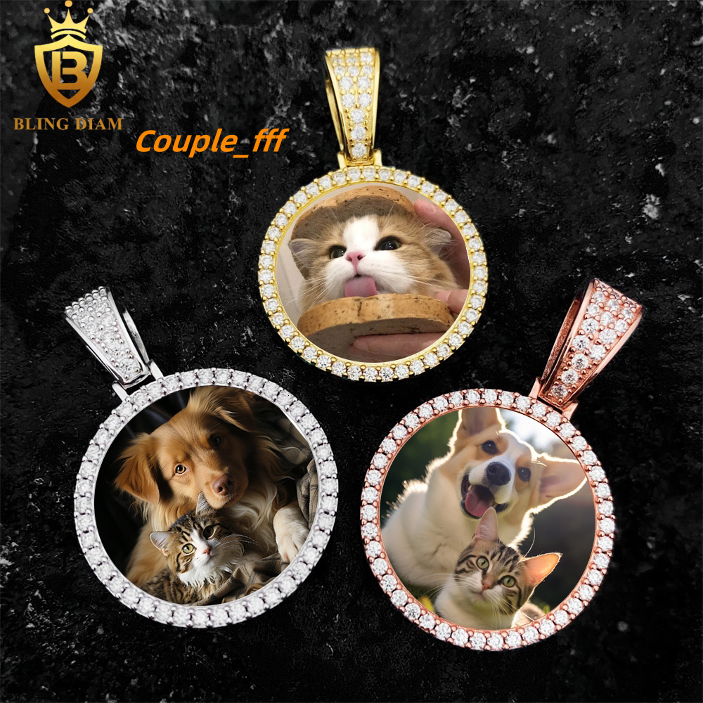 Custom Jewelry Picture Memory Circle Pendant With Chain Vvs Moissanite Diamond 925 Sterling Silver Rose Gold Plated