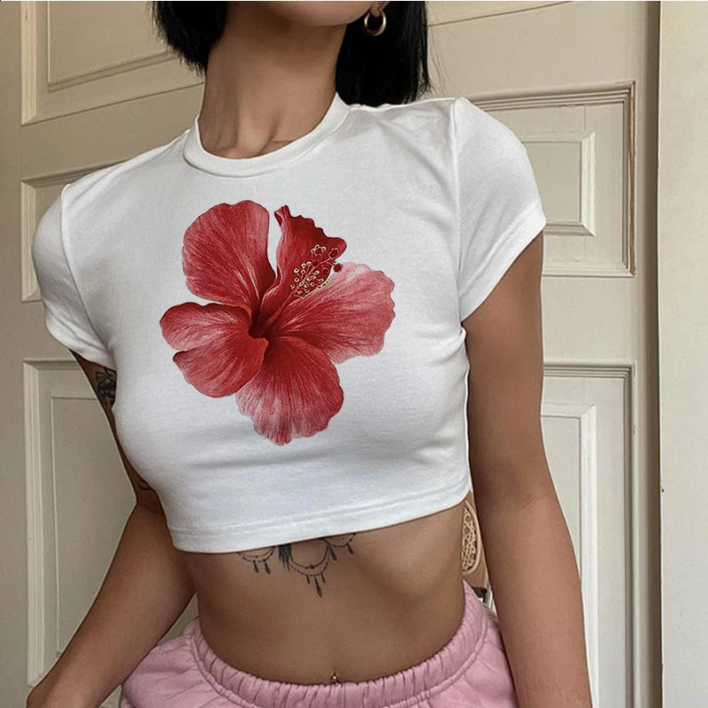 Floral print cute crop top retro womens Tshirt Gothic Grunge Emo girl slim baby Y2k clothing 250415Z