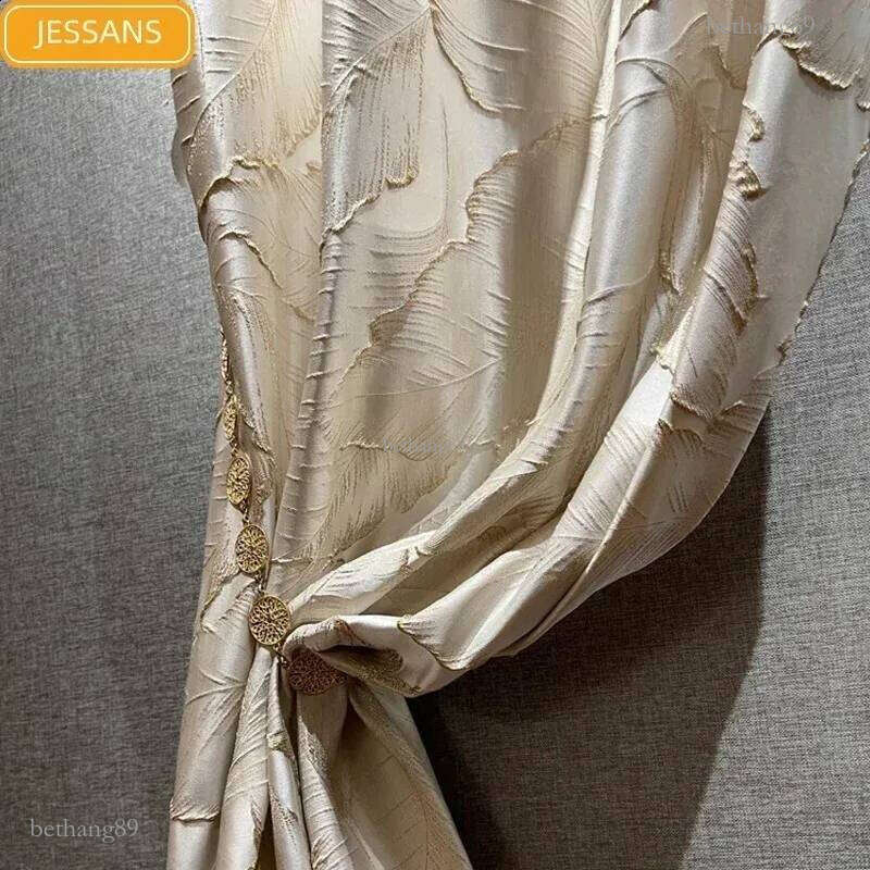 High-precision Embossed Gold Thread Jacquard Beige Leaf Three-dimensional Curtain for Living Room Bedroom Customization 240726