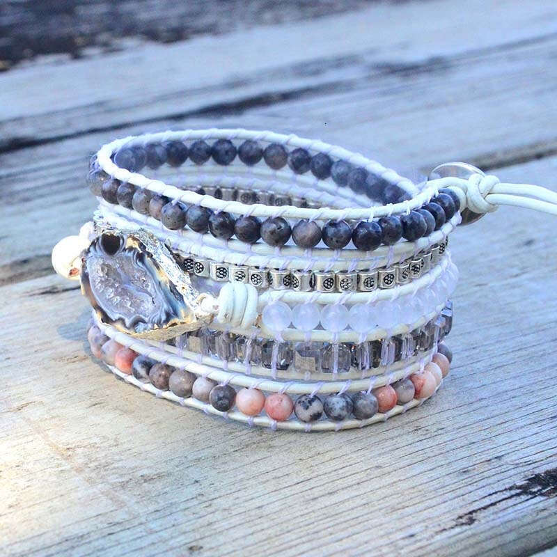 2021 hot selling white leather rope agate hand woven with multi-layer winding Bohemian style bracelet