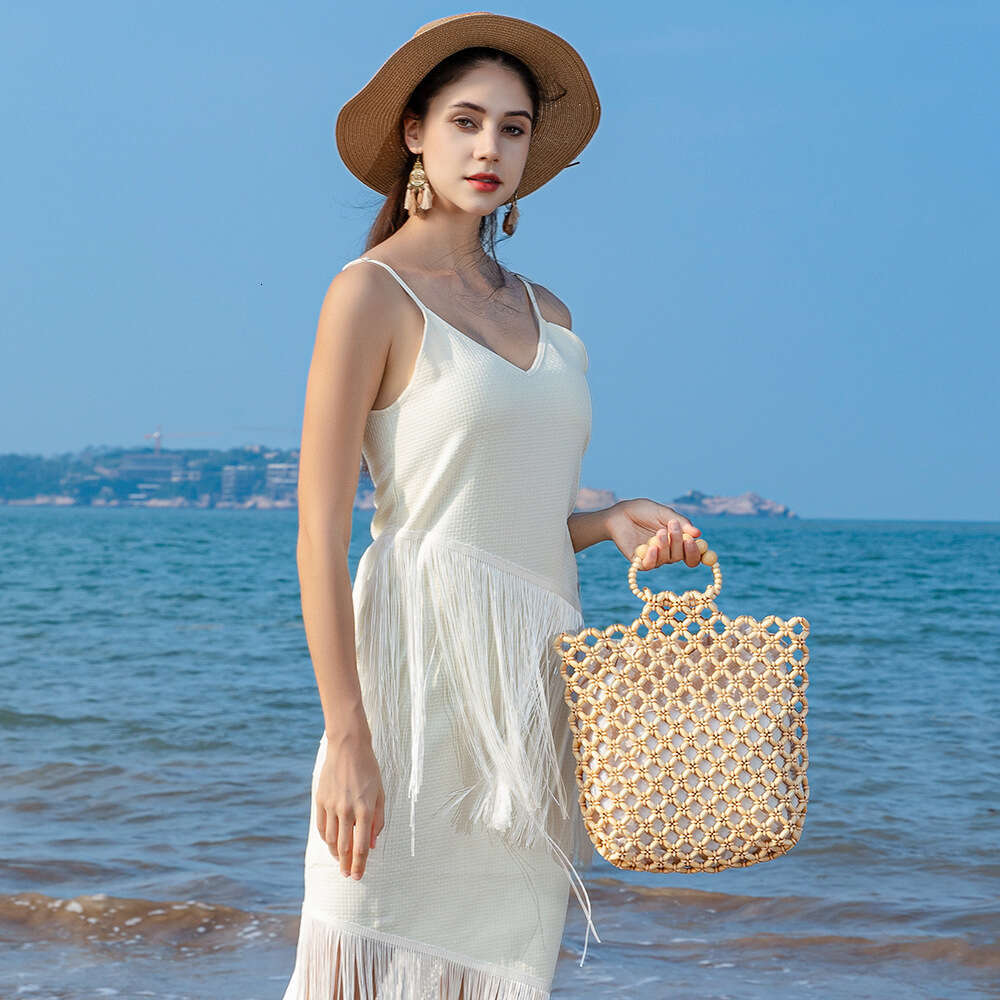 Ins Style Resort Beach Bag OLEI Large Capacity Handbag Beach Travel Wooden Bead Vacation Woven Bag For Women KQ