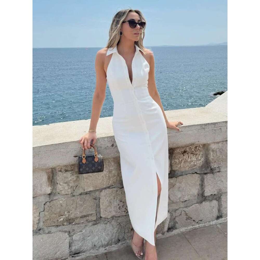 Designer Women's Clothing White Chic Slim Dresses Summer Single Sleeveless Midi Dress Elegant Fashion Vestidos Bag