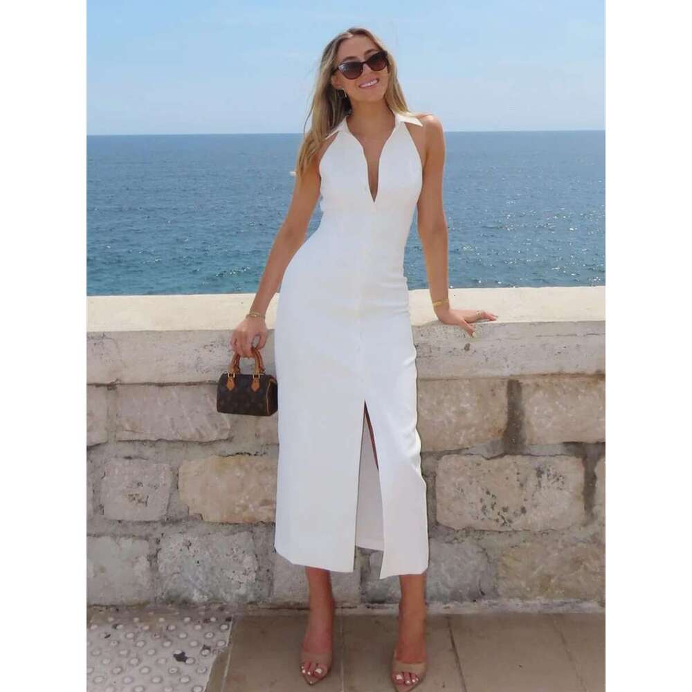 Designer Women's Clothing White Chic Slim Dresses Summer Single Sleeveless Midi Dress Elegant Fashion Vestidos Bag