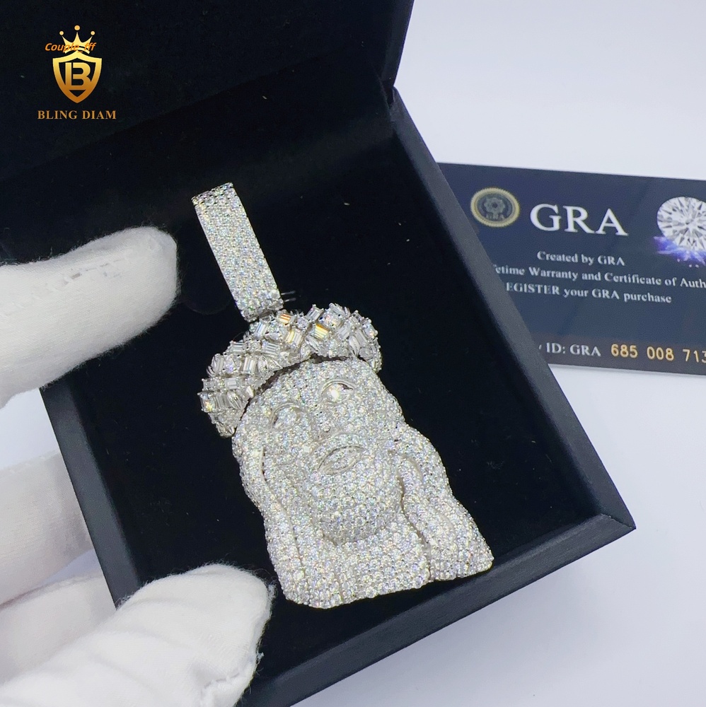 Custom White Gold 925 Sterling Silver Vvs Moissanite Hip Hop Jesus Head Pendant for Men