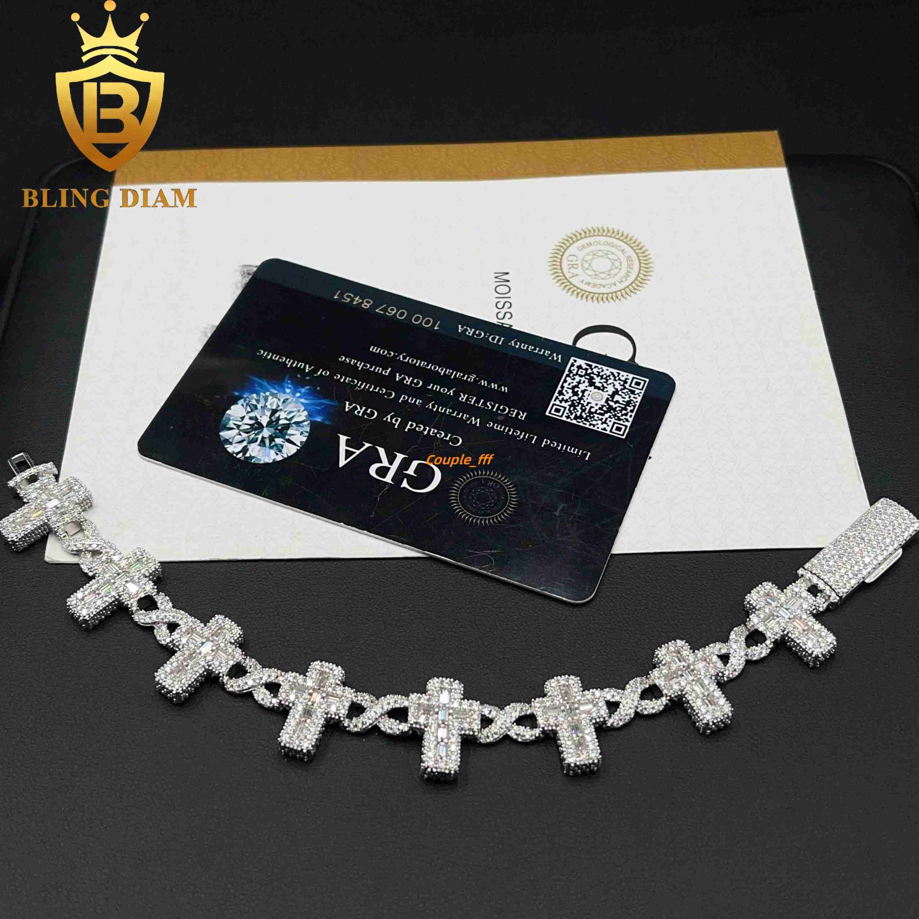 18k Gold Plated Fine Jewelry 925 Sterling Silver VVS Moissanite Cuban Link Chain Cross Bracelet 6mm