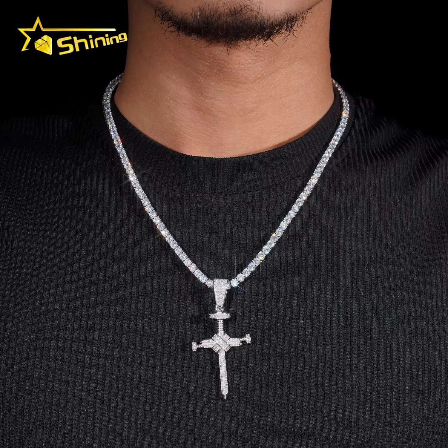 Pass Diamond Tester 925 Silver High Quality Iced Out Hip Hop VVS Moissanite Cross Pendant for Tennis Chain