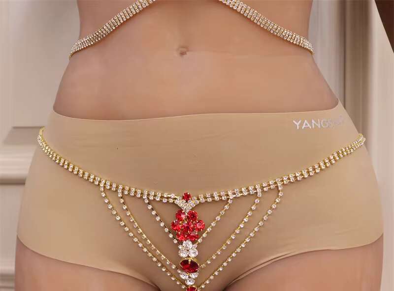 Sexy Bikini Lingerie Red Crystal Women Thong Panties Body Chain Rhinestone Bra and Thong Set Pants Tassel Belly Waist Chain